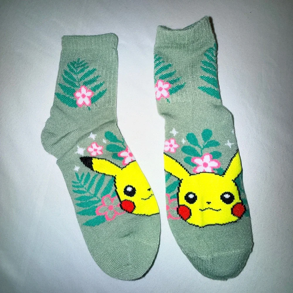 Pokemon Mid-Crew Socks Kids‎ S/M Pink Green New 3 Pairs Pikachu Eevee Floral